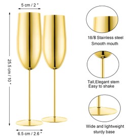 UNISWEET Stainless Steel Champagne Flutes Set of 2-9oz Elegant Metal Champagne Flutes with Stem, Unbreakable Champagne Tumbler for Weddings & Parties (Gold)