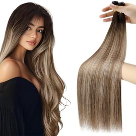 Moresoo Human Hair Weft Extensions Genius Ombre Hand Tied Sew in Hair Extensions Real Human Hair Balayage Dark Brown to Dark Blonde with Dark Ash Blonde 80g 22inch