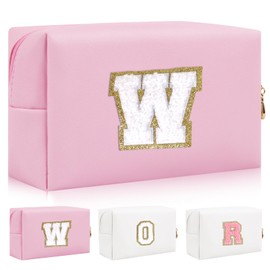 Bolsa de maquillaje con parche inicial personalizada, bolsa de chenilla con cierre, Color2-Blanco-W