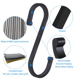 HONZUEN 12 Pack Heavy Duty S Hooks, Flat S Shaped Hooks Black Large Hanging Metal Hooks with Round End Design, Rustproof Kitchen Utensil Pans Pot Hooks for Kitchen Bathroom Bedroom Office