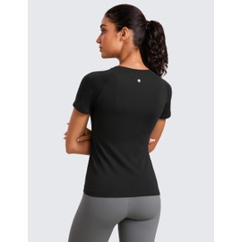 CRZ YOGA Seamless Workout Tops for Women Short Sleeve Athletic Tees Breathable Gym Running Yoga Shirts Black Large
