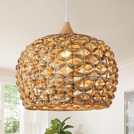 Karjearl Boho Pendant Lights, 15.7" 1-Light Rattan Chandelier Hand-Woven Wicker Pendant Light with Water Hyacinth Shade, Coastal Dome Hanging Light for Dining Room Kitchen Island