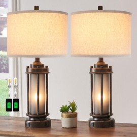 AIEAMPDO Set of 2 Farmhouse Lamps for Living Room, Rustic Vintage Bedroom Nightstand Table Lamp with 2 USB Charging Ports, Built-In Frosted Glass Night Light for End Table Entryway, 4 Bulbs Included (Bronze)