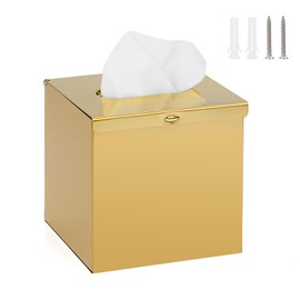 BTSKY Gold Square Tissue Box Cover - Cube Stainless Steel Tissue Holder, Household Tissue Paper Dispenser for Bathroom Kitchen Office Restaurant Hotel