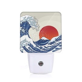 Great Japanese Wave Night Lights Plug into WallRed Sun Decorative Night Light Dusk to Dawn LED Lamp for Bedroom Bathroom Living Room
