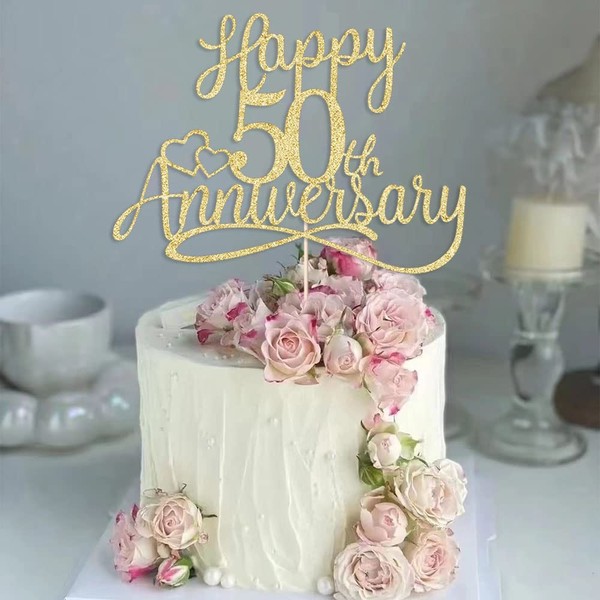 Sleyberoy - Decoración para tartas de 50 aniversario, decoración de fiesta de 50 aniversario de boda, 50 aniversario de boda, fiesta de 50 aniversario de empresa, decoraciones de fiesta de 50 cumpleaños (dorado)