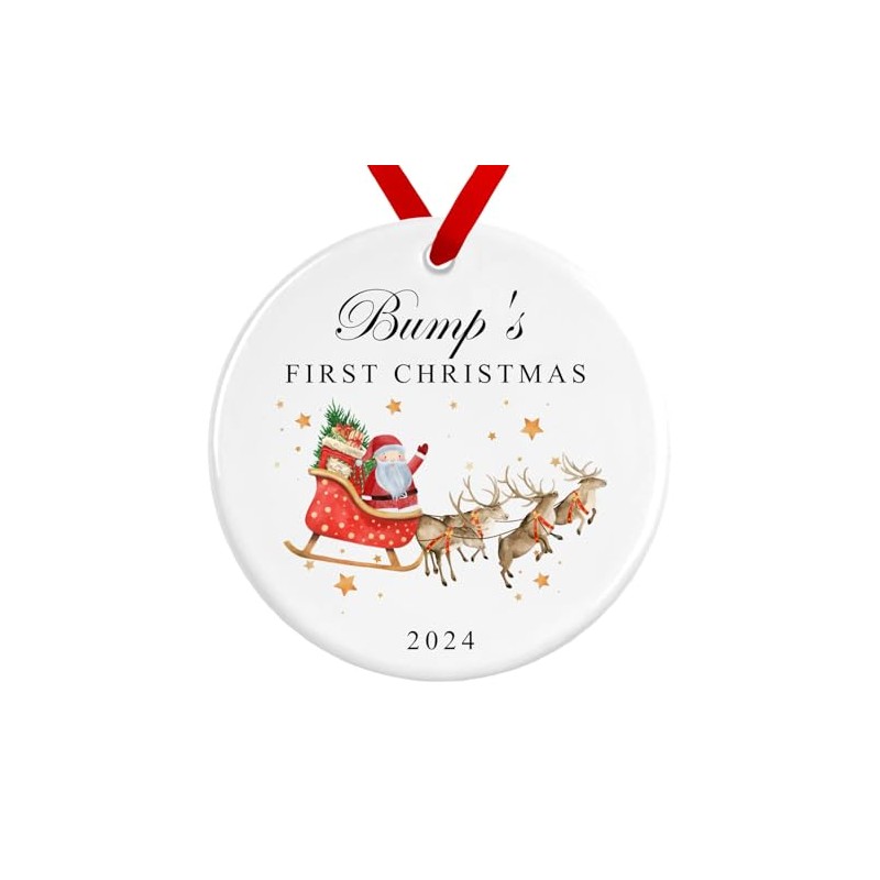 Bump's First Christmas Bauble | Santa Sleigh Reindeers Ceramic Decoration