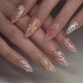 Short Press on Nails Almond Fake Nails with 3D Flower Designs Pink Nails Press ons Water Ripples Glue on Nails Spring Acrylic Nails Pearl False Nails Summer Stick on Nails for Women 30Pcs
