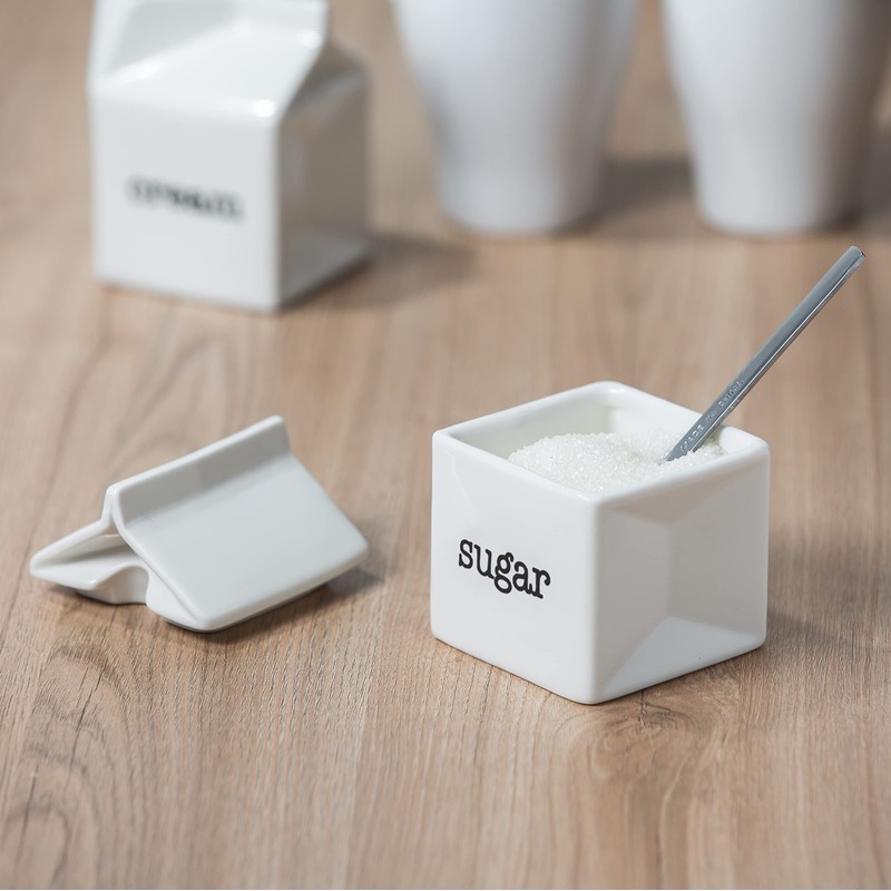 Ceramic Sugar and Creamer Set, Milk Carton Shaped White Cream