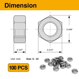 Mrosnail 100PCS SAE 6-32 Hex Nuts Assortment Kit, 304 Stainless Steel - Heavy-Duty Construction Fasteners for DIY Projects and Professional Use