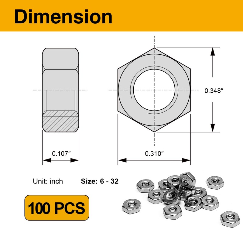 Mrosnail 100PCS SAE 6-32 Hex Nuts Assortment Kit, 304 Stainless