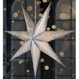 BRUBAKER 60 cm Paper Christmas Star for Hanging - LED Advent Star for Christmas Decoration and Windows - 3D Paper Star with Timer Function - Hanging Luminous Star - Silver