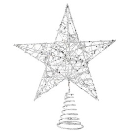 DERAYEE Christmas Star Tree Topper, Xmas Silver Glittered Treetop Metal Hollow Tree Star for Christmas Tree Decorations, Holiday Party Indoor Decor