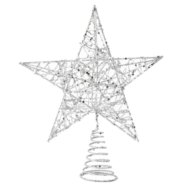 DERAYEE Christmas Star Tree Topper, Xmas Silver Glittered Treetop Metal
