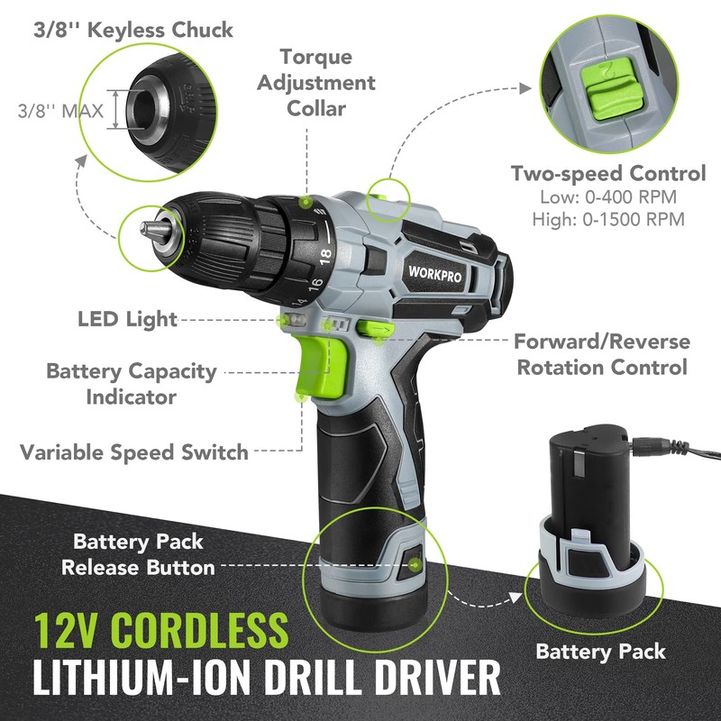 WORKPRO Home Tool Kit with Power Drill, 108PCS Power Home