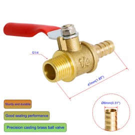 Aopin Ball Valve Brass G 1/4" Male Thread x 8mm / 3/10" Hose Barb Valve for Water, Oil, Gas Liquids, Vinyl Handle, Suitable for PEX, Copper, HDPE4 PCS
