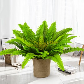 Artificial Ferns for Outdoors with Basket, 35in Diam 33 Leaves Ferns Artificial Potted Plants Large, Faux Ferns Fake Potted Plant in Pot for Indoors Home Garden Farmhouse Decoraction