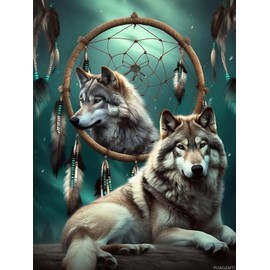 PUAGEMTI 5D Dream Catcher Diamond Painting Kits for Adults, Two Wolves and A Dream Catcher DIY Full Drill Crystal Arts and Crafts, Gem Art Paints Home Wall Decor Gifts 12x16 inch