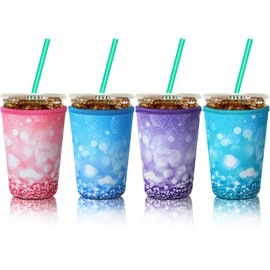 Patelai 4 Pieces Reusable Coffee Sleeve Cup Insulator for Cold Drinks Beverages and Holder for Most Coffee (22-24 oz Medium,Glitter Style)