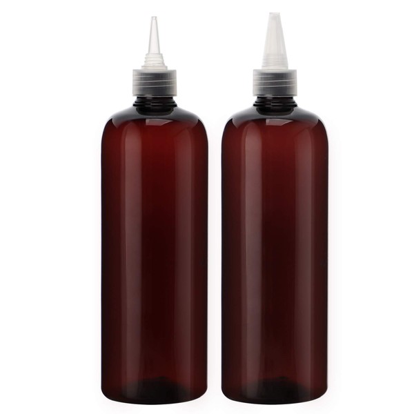 Segbeauty 16.9oz Amber Squeeze Bottles, 2 Packs 500ml Refillable Hair Dye Applicator Bottles with Twist Top Cap Tip, PET Brown Colored Angled Tip Plastic Empty Dyeing Tool for Hair Color Hairdressing