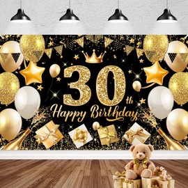 PatiCool Happy 30th Birthday Banner Backdrop Black and Gold - 71x43 Fabric - Large Happy Birthday Sign for Backdrop, Birthday Party Photo Background Decorations for Men Women