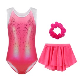 Happy Cherry Girls' Sleeveless Gymnastics Leotard with Skirt Headband Set Kids Shiny Gymnastics Ballet Jersey Dance Costumes 5-12 Years, pink