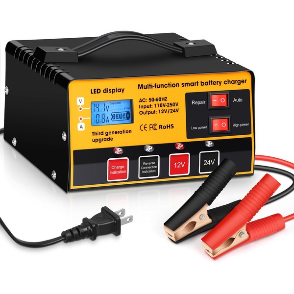 Outerman Car Battery Charger,12V-12A/24V-8.5AMH Smart Automatic Battery Charger,High/Low Power Trickle