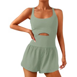 Women's Athletic Romper Onesie with Padded Bras Sleeveless One Piece Workout Outfit Summer Rompers for Running Valentine Gift, Aqua Green