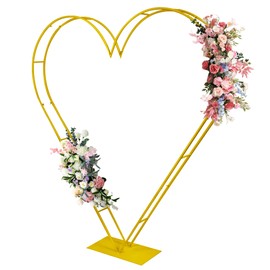 LEALIBAUSS 7FT Metal Double Heart Backdrop Stand Heart Arch Stand for Proposal Wedding Balloon Arches for Ceremony Valentine's Day Birthday Party Decoration (Gold)