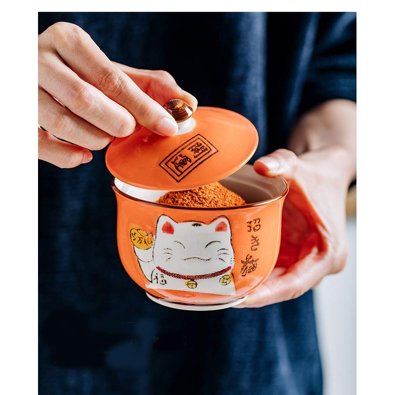 Ceramic Japanese Lucky Cat Sugar Bowl Salt Storage Jar with