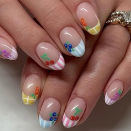 French Tip Press on Nails Short Oval Fake Nails with Fruit Lines Designs Summer Nails Press ons Glossy Yellow Acrylic Blue Pink Fall Stick on Nails for Women 24Pcs
