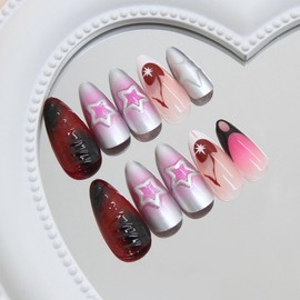 MISUD Press on Nails - Medium Almond Glue on Nails with Goth Red Black, Acrylic Star Cherry Design 24 pcs