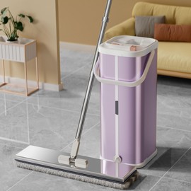 Pink Separates Dirty Water Mop and Bucket, Flat Mop and Bucket for Home with Extra Refills, Stainless Steel Mop and Bucket with Wringer (Mop and Bucket with 4 Pads)
