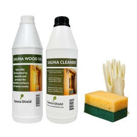 Sauna Shield Sauna Care Set – Sauna Wood Oil & Sauna Cleaner (33.8 fl oz each) with Applicator Sponge & Gloves | Protects, Cleans & Nourishes Sauna Wood | For Traditional & Infrared Saunas