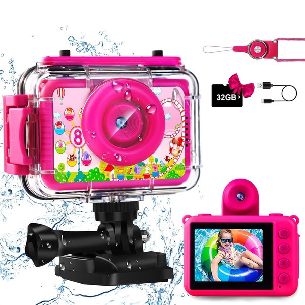 GKTZ Kids Camera Waterproof Selfie Video Camera Birthday Gift for Girls, 1080P HD Digital Underwater Camera with 2.0 IPS, 180 Rotatable Camcorder Toddler Camera Toy for Girls 4 5 6 7 8 9…