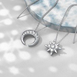 VONALA Moon and Star Threader Earrings Sterling Silver Long Chain Earrings Moon Star Jewelry Gift for Women Girls