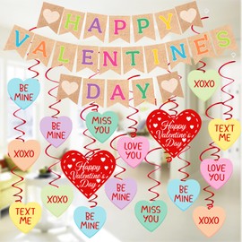 27PCS Valentines Day Decorations Happy Valentine ‘s Day Banners Hanging Swirls Conversation Hearts Party Decor Classroom Office Supplies