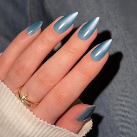 Cat Eye Light Blue Press On Nails Medium Short Almond Shaped - 30Pcs Stiletto Fake Nails Acrylic Press ons Natural Thick Gel Nails Short Glue on Nails Opaque Glitter False Nails for Women No Glue