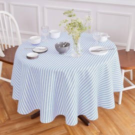Solino Home Linen Round Tablecloth 70 Inch - Amalfi Stripe, 100% Pure Linen Sky Blue and White Round Tablecloth - Machine Washable Table Cloth