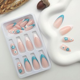 Blue & White French Tip Press on Nails Medium Fake Nails Almond False Nails with Flowers Designs Nude Translucent Acrylic Nails Swirl & Glossy Glue on Nails Spring Nails for Women 24Pcs