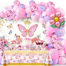 Decoración de Fiesta Temática de Mariposa,Decoracion Cumpleaños de Mariposa con Kit de Arco de Globo Rosa y Morado,Pancarta de Fondo y Mantel para Niñas y Mujeres,Decoración de Fiesta de Cumpleaños