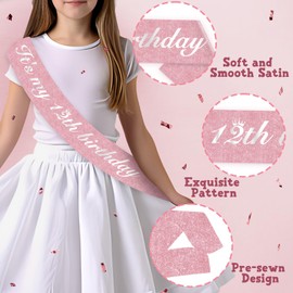 Jollyboom It's My 12th Birthday Sash Rose Gold 12th Birthday Decorations for Girls, 12th Birthday Sash Satin 12th Birthday Gifts 12th birthday Party Favors Supplies