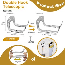 GZcaiyun Pack of 5 Garden Tool Holder Hooks, Telescopic Tool Holder, Heavy Duty Double Hooks for Garage, Garden, Bicycle Shed, with 20 Screws, 1 Screwdriver (Silver)