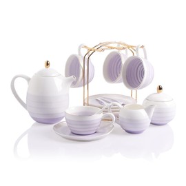 Sweejar Porcelain Tea Sets, 8 OZ Cups & Saucer Service for 4, Teapot Sugar Bowl Cream Pitcher Teaspoons and Tea Strainer for Adult Tea Coffee Afternoon Party (Purple)