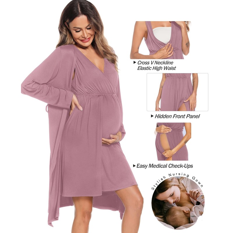 SWOMOG Women Maternity Nursing Gown and Robe Set 3 in