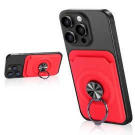 TOKNOOME for Magsafe Wallet, Magnetic Card Holder Wallet with 360° Rotating Finger Ring Stand for All Cell Phones, Fit 1-3 Cards, Slide Easy Card Take Design (Red)