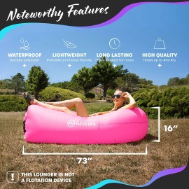 Nevlers Inflatable Blow Up Lounger Outdoor Chair Bed Travel, With Bag & Pockets - 1 Pack, Pink