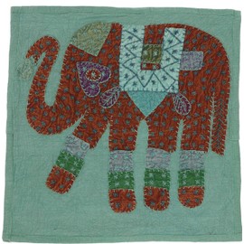 GURU SHOP Indian Cushion Cover, Embroidered Elephant Ethnostyle Cushion, Aqua, Green, Cotton, 40 x 40 cm, Decorative Cushion, Sofa Cushion