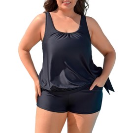 Charmo Womens Plus Size Tankini Sets for Women Two Piece Swimsuits High Waist Swimming Costume Padded Swimwear with Pockets Black 18