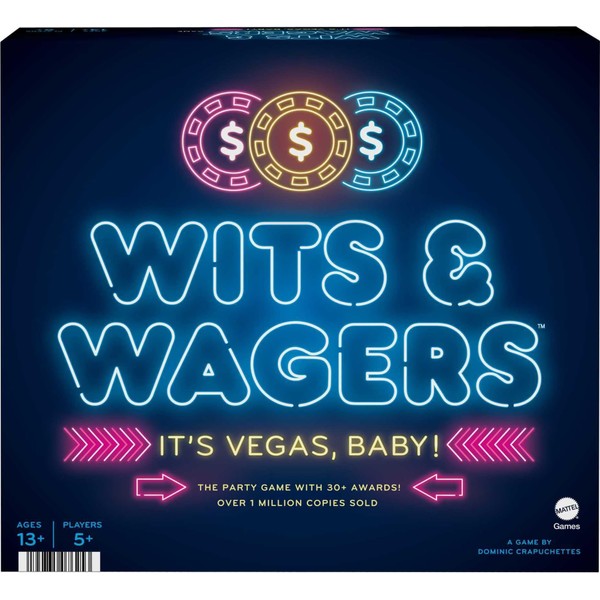 Mattel Games Wits & Wagers Board Game Vegas Edition, Party Game with Dry Erase Boards, Markers & Poker Chips for 5+ Players Large